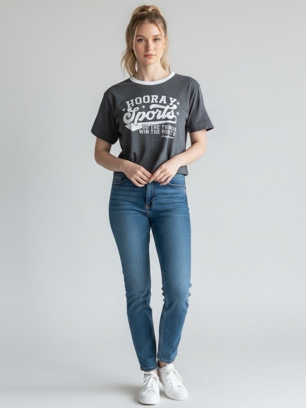 New Lucky Brand SS Hooray Sports Gray Cropped Ringer Graphic T-Shirt Tee Medium